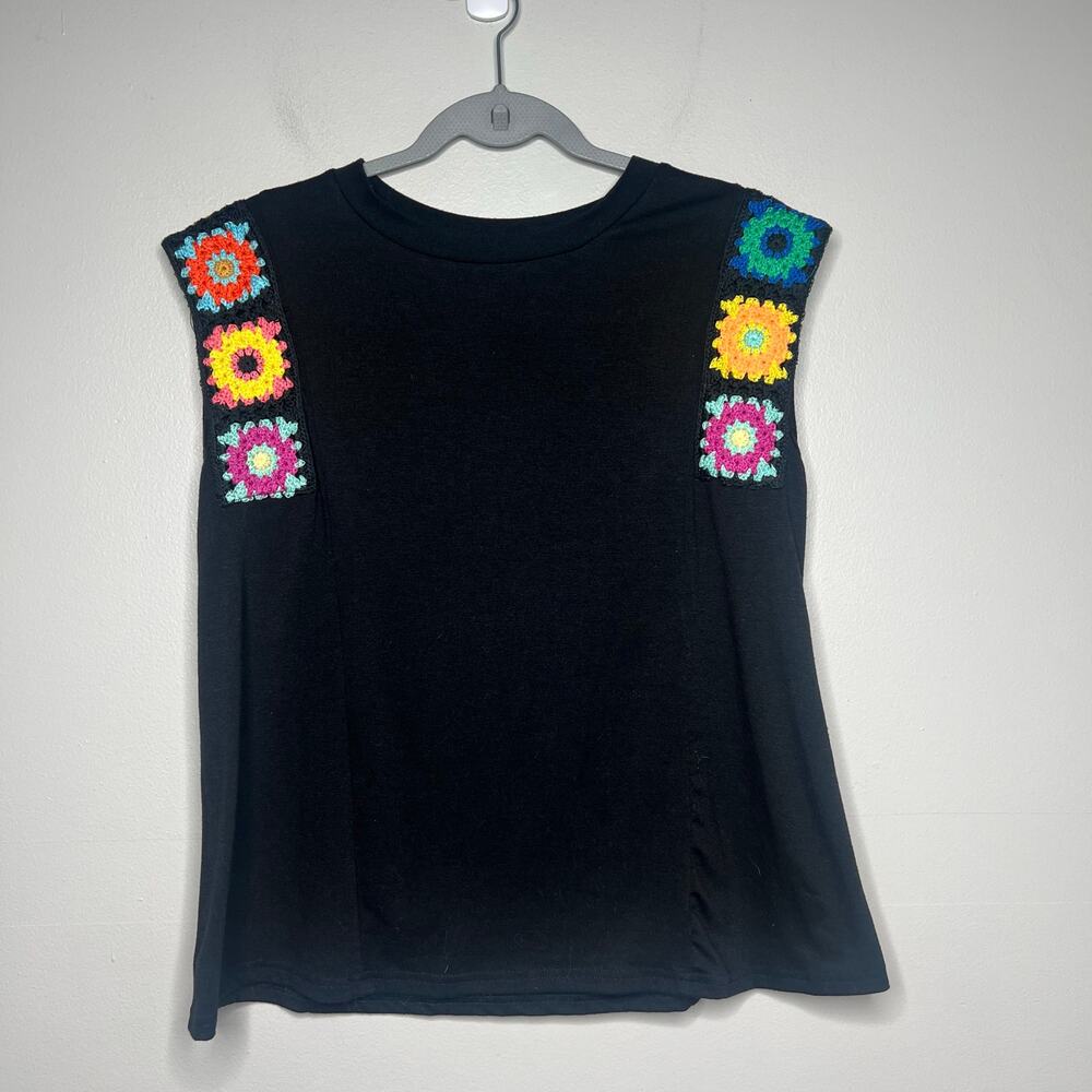 Floral Crochet Patchwork Tank Granny Square Trim Women's S Boho Festival Hippie